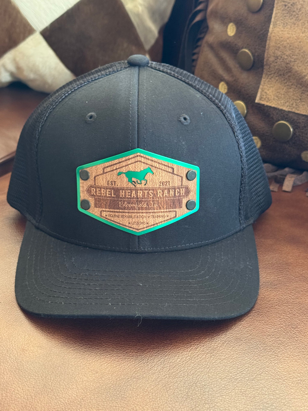 Rebel Hearts Ranch Woodgrain Patch Hat — Black on Black Flexfit