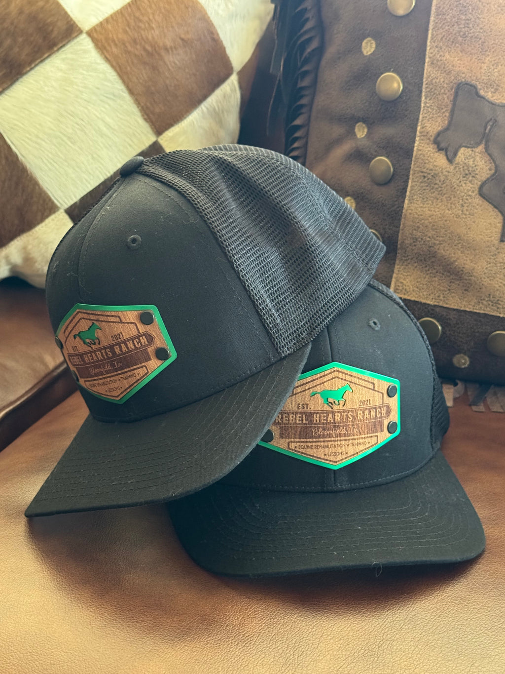Rebel Hearts Ranch Woodgrain Patch Hat — Black on Black Flexfit